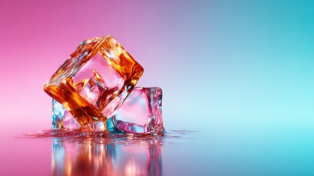 Two melting ice cubes sit beautifully on a vibrant surface, merging color and form, representing the fluidity and balance of art and nature in harmony.