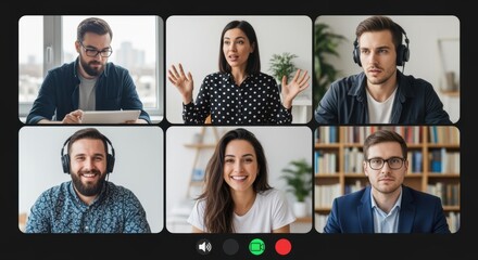 Six professionals of diverse backgrounds participate in a virtual video conference, gesturing and expressing animated emotions during the discussion.