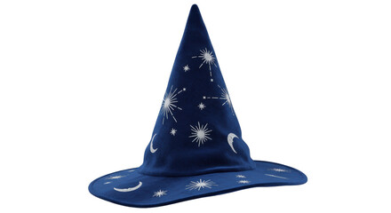 Fototapeta premium Blue wizard hat with stars and moons isolated PNG, magical costume for Halloween and fantasy role-playing games
