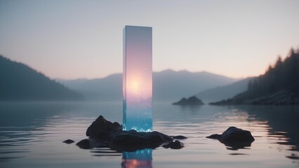 Mysterious monolith reflecting the sunrise over a serene lake, surrounded by mist and distant mountains