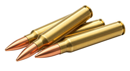 Pile of golden rifle bullets isolated on transparent background, ammunition for hunting and...