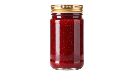 Jar of raspberry jam isolated on white, homemade fruit preserve for breakfast and dessert, sweet spread in glass container