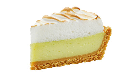 Slice of key lime pie with toasted meringue isolated, delicious dessert with graham cracker crust and creamy filling