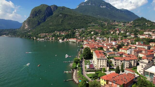Italy tourism, most scenic lakes - Lago di Como. Aerial drone 4k hd video of beautiful Menaggio town. Lombardy region