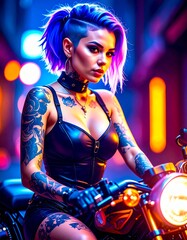 portrait of beautiful biker woman with tattoos