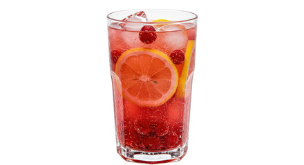 Refreshing raspberry lemonade in glass isolated, summer drink with lemon and ice cubes on transparent background
