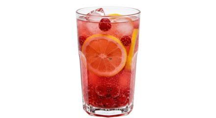 Refreshing raspberry lemonade in glass isolated, summer drink with lemon and ice cubes on transparent background