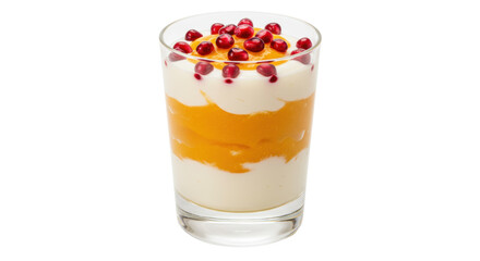 Delicious layered dessert with yogurt, pumpkin puree, and pomegranate seeds isolated on white, healthy treat for breakfast or snack