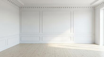 Empty classic interior with white decorative wall panels, ornate crown molding, and light wooden parquet flooring. Elegant rectangular frames on pristine walls, perfect for artwork.