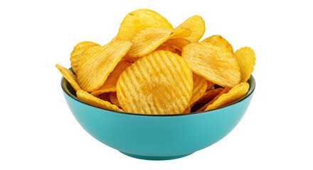 Golden rippled potato chips in a blue bowl isolated, crispy snack food for party or picnic, no background