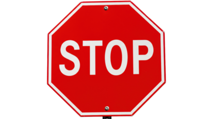 Red stop sign isolated on transparent background, octagon traffic sign with white letters for road safety and transportation