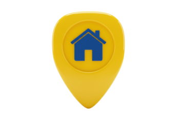 Yellow location pin with blue house icon isolated PNG, map pointer for navigation and real estate concepts