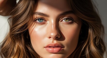 Obraz premium Close-up portrait of a young woman with luminous skin and captivating blue-green eyes. Her wavy brown hair frames her face with golden highlights. Perfect for beauty campaigns.