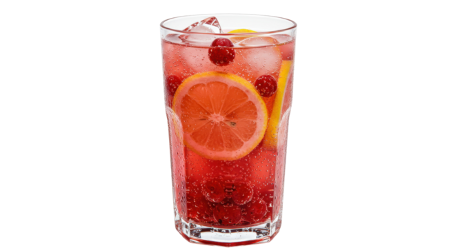 Refreshing raspberry lemonade in glass isolated, summer drink with lemon and ice cubes on transparent background - Powered by Adobe