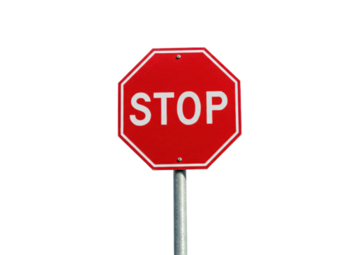 Red stop sign on a metal pole isolated on white, traffic safety symbol for road rules and regulations