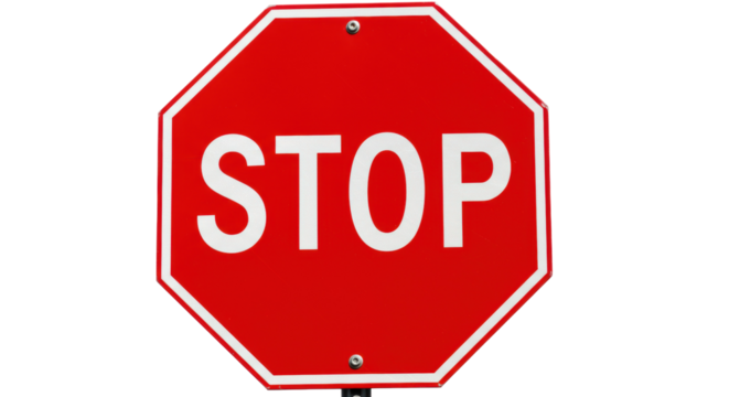 Red stop sign isolated on transparent background, octagon traffic sign with white letters for road safety and transportation