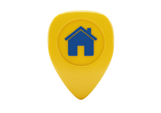 Yellow location pin with blue house icon isolated PNG, map pointer for navigation and real estate concepts