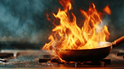 Vivid flames erupt from a pan on a stove, creating an intense and dynamic cooking scene that conveys passion and energy in the culinary process, perfect for cooking enthusiasts.