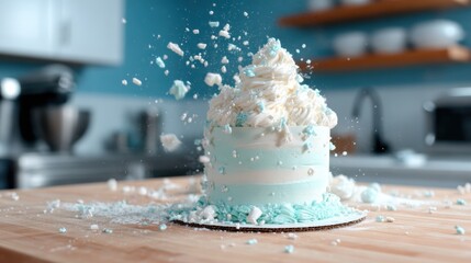 A stunning cake bursts with fluffy frosting in a bright kitchen setting, capturing the excitement and motion of a sweet creation being playfully decorated with a whimsical style.