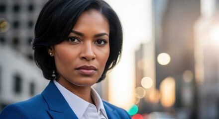 Fototapeta premium Professional businesswoman in elegant blue suit stands confidently in urban setting. Her polished appearance and direct gaze convey leadership and determination. Ideal for corporate content.