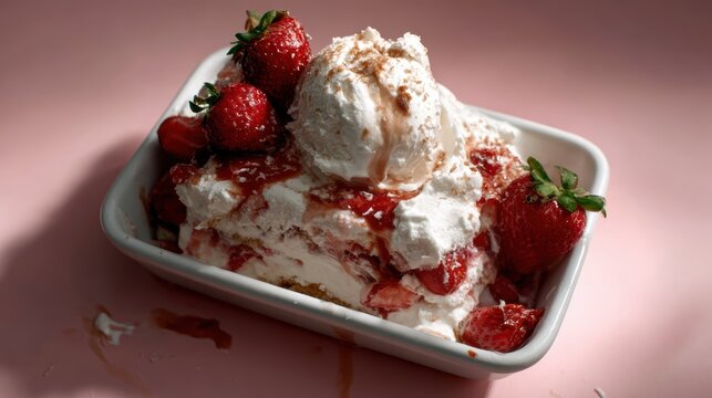 A refreshing strawberry shortcake adorned with a scoop of ice cream sits invitingly in a dish, showcasing delightful textures and colorful toppings, perfect for dessert lovers. - Powered by Adobe