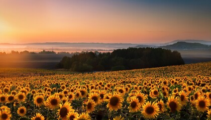 Obraz premium Serene Sunflower Fields At Dawn Or Dusk