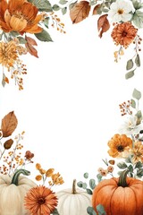 Autumn Pumpkin Floral Frame. Charming Border with Watercolor Leaves, Flowers, and Pumpkins, Perfect for Seasonal Invitations
