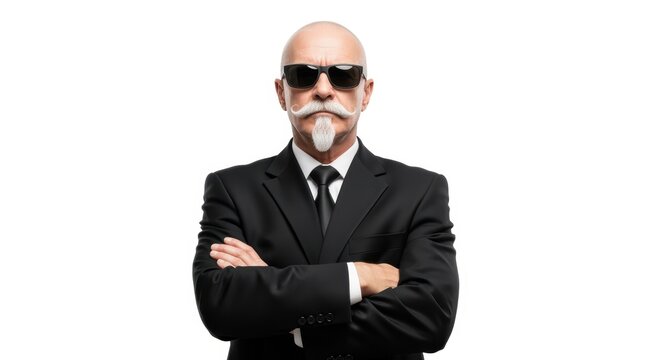A mature, bald businessman with a white beard and mustache stands in a formal black suit, wearing sunglasses and with his arms crossed, projecting an authoritative and professional presence.