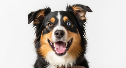 Fototapeta premium Happy Australian Shepherd with heterochromia eyes and joyful expression on white background. Tricolor coat features black, tan, and white markings with fluffy texture.
