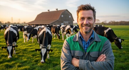 Fototapeta premium Smiling dairy farmer with crossed arms stands in green pasture with Holstein cows. Red barn backdrop during golden hour. Perfect for agricultural business and farming lifestyle marketing.