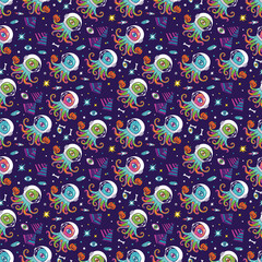 Seamless Halloween pattern with octopus astronauts pumpkins and pyramids vector