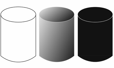 Set of circular cylinder vector icon, 3D shape outline, gradient, and silhouette, useful for math, geometry, design, infographic, and education illustrations