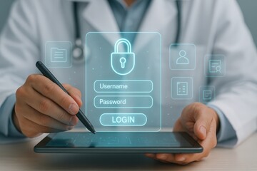 Medical professional using a digital tablet with glowing cybersecurity interface overlay depicting a secure login with username and password fields, safeguarding sensitive information, suggesting...
