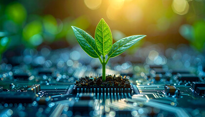 Tree growing on a computer circuit board. Green computing, Green technology, Green IT, CSR, and IT ethics. Concept of green technology. Environment green technology