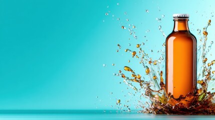 A dynamic splash of liquid erupts from an amber glass bottle, creating an engaging visual effect against a turquoise background, symbolizing refreshment and enjoyment.