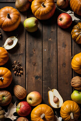 Cozy autumn composition on a wooden table with gifts of nature: colorful pumpkins, apples, pears