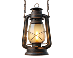 Vintage kerosene lantern hanging on chains isolated on transparent background