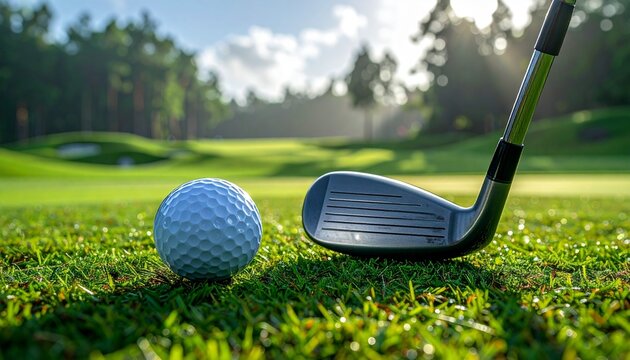 Close-up of a golf ball and a golf wood on a driving range active