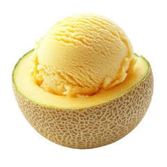 Delicious yellow ice cream scoop served in a fresh cantaloupe half