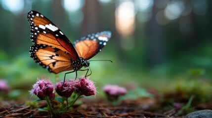 Fototapeta premium A stunning monarch butterfly gracefully rests on vibrant blooming flowers amidst a dreamy forest background, showcasing the beauty of nature's delicate wonders and intricate details.