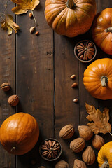 Cozy autumn composition on a wooden table with gifts of nature: colorful pumpkins, apples, pears