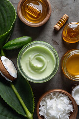 Ingredients for making cosmetics or home care. Fresh cucumber, aloe vera leaf, jar of coconut oil, glass of honey