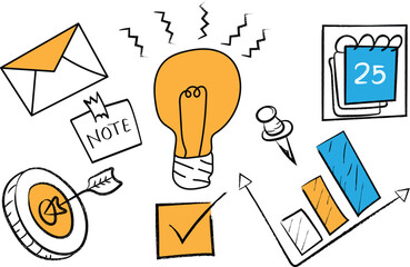 Hand-drawn productivity doodles creative sketch icons of lightbulb, target, calendar, note, envelope, graph, checkmark, and pushpin in a playful, colorful style