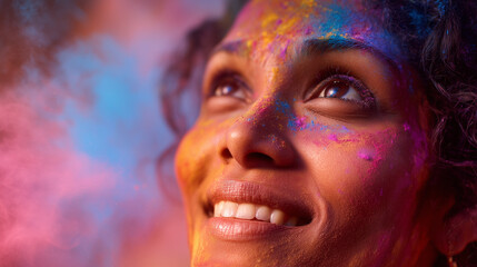 Close-up of a woman’s face covered in vibrant Holi powders, her upward gaze expresses joy, freedom and unity at the spring color festival.