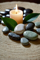 On the surface are smooth gray pebbles of various sizes, slender white candles and a glass jar with a gentle care cream