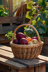A wicker basket filled with fresh vegetables - potatoes, carrots, beets and herbs - stands on a wooden table in the garden.
