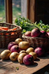 A wicker basket filled with fresh vegetables - potatoes, carrots, beets and herbs - stands on a wooden table in the garden.