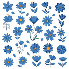 A collection of various blue flowers with yellow centers and green stems and leaves.