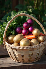 A wicker basket filled with fresh vegetables - potatoes, carrots, beets and herbs - stands on a wooden table in the garden.