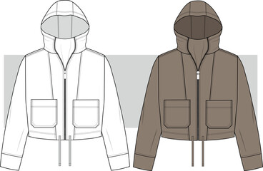 Women's zipper detailed short jacket technical fashion drawing, illustration. Front view, vector. CAD, MOCKUP.
